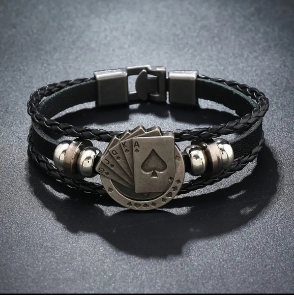 Versatile Punk Inspired PU Leather Men's Bracelet With Unique Poker Charm - Picture 2 of 6